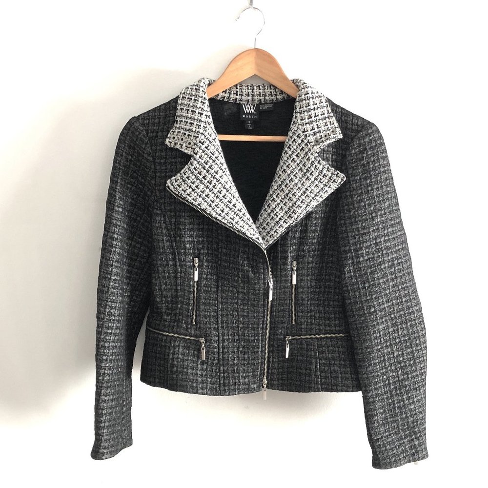 euc WORTH tweed moto zipper jacket black/grey/tan